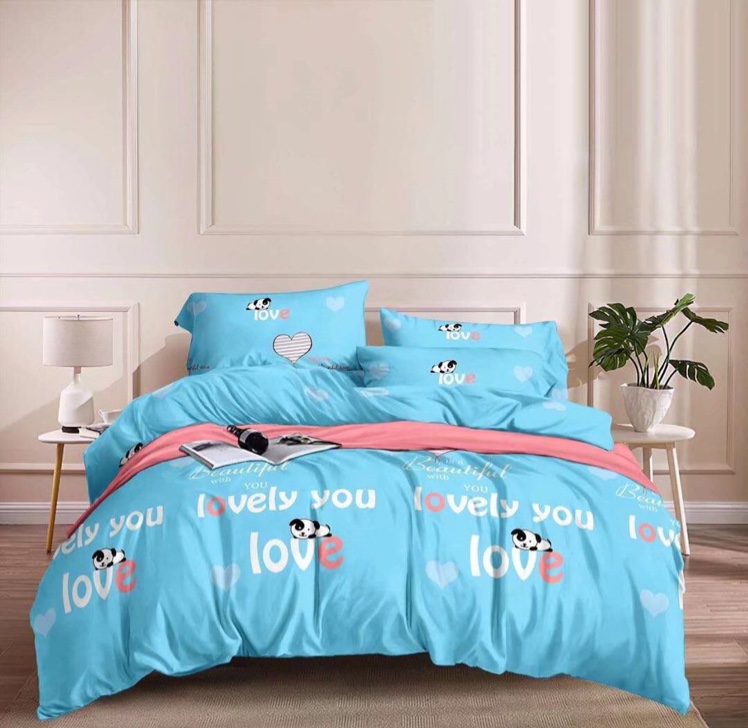Four pieces of cartoon printed ecological cotton bedding, bed sheets and quilt covers. Four pieces of bedding, bed sheets and quilt covers
