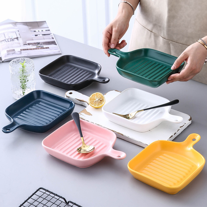 方圆陶瓷北欧创意盘子 网红烤箱烘焙烤盘陶瓷家用带把手西餐ins餐具菜盘子GYTF65145