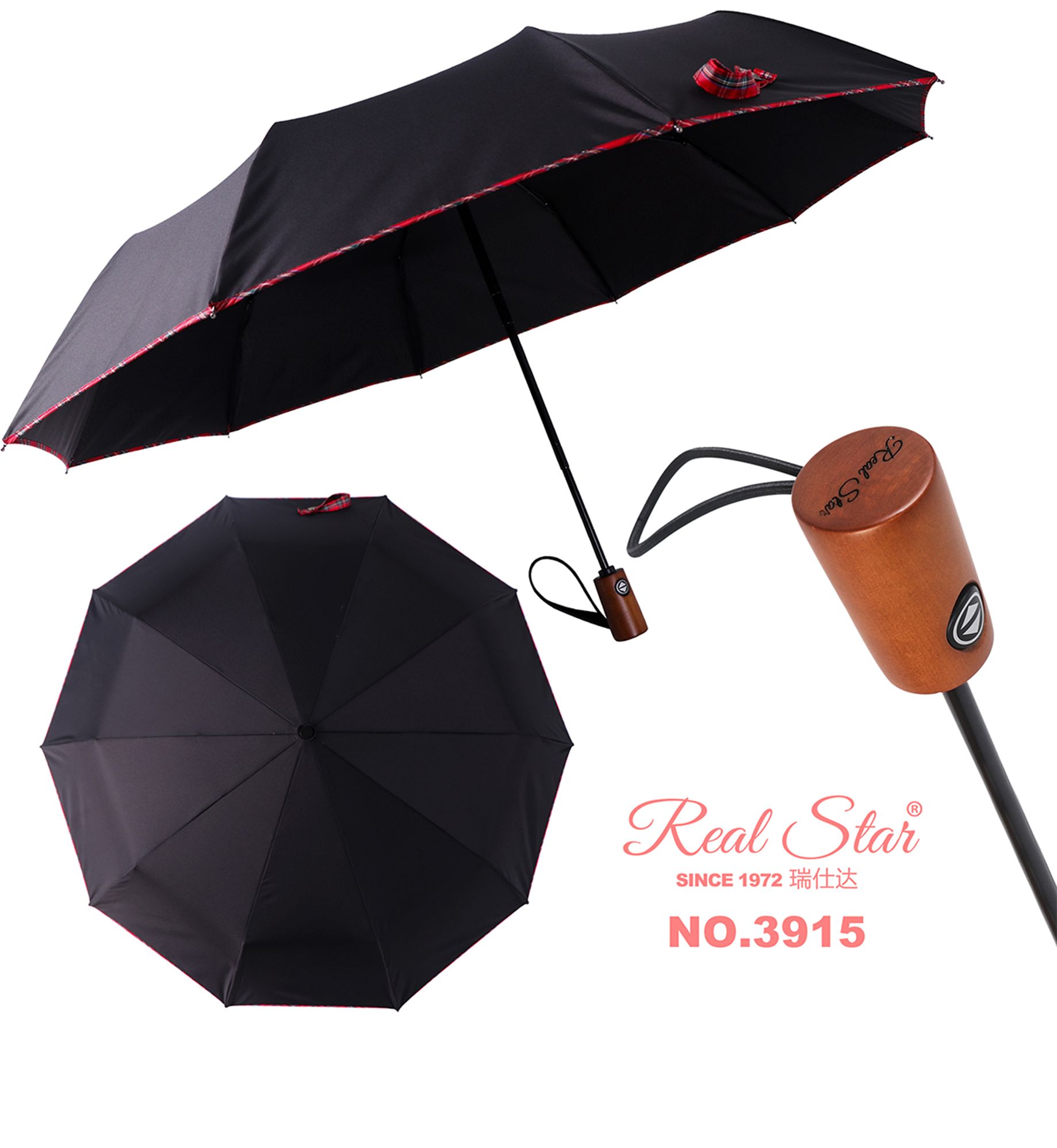Yiwu Selection carved wooden handle with trellised edge automatic folding umbrella /10559