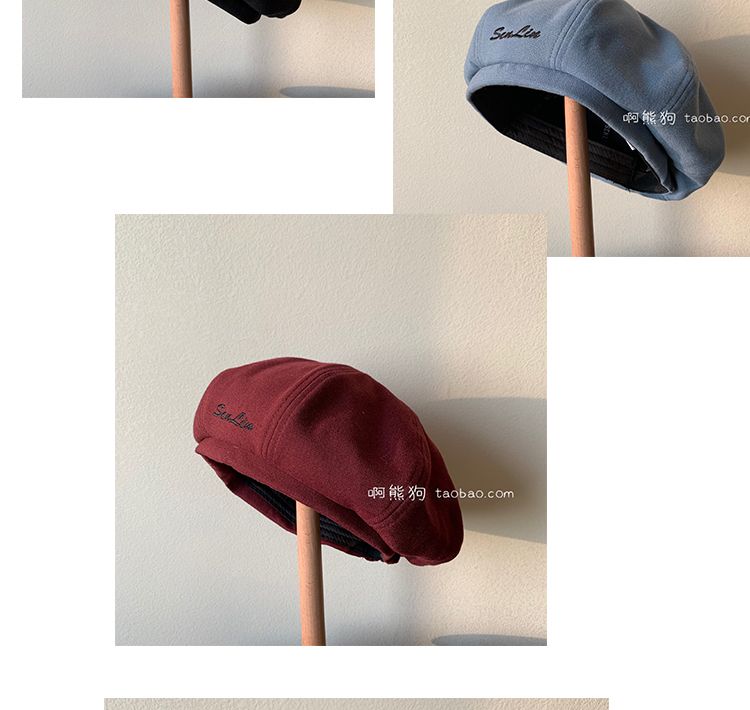 秋冬洋气帽子女日系贝雷帽英伦复古皮边画家帽格子蓓蕾帽13