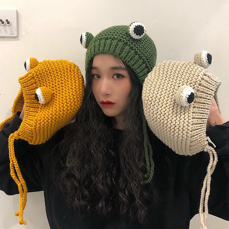 趣味卡通青蛙毛线帽子女甜美可爱耳包好玩有趣头套冬季护耳耳套潮