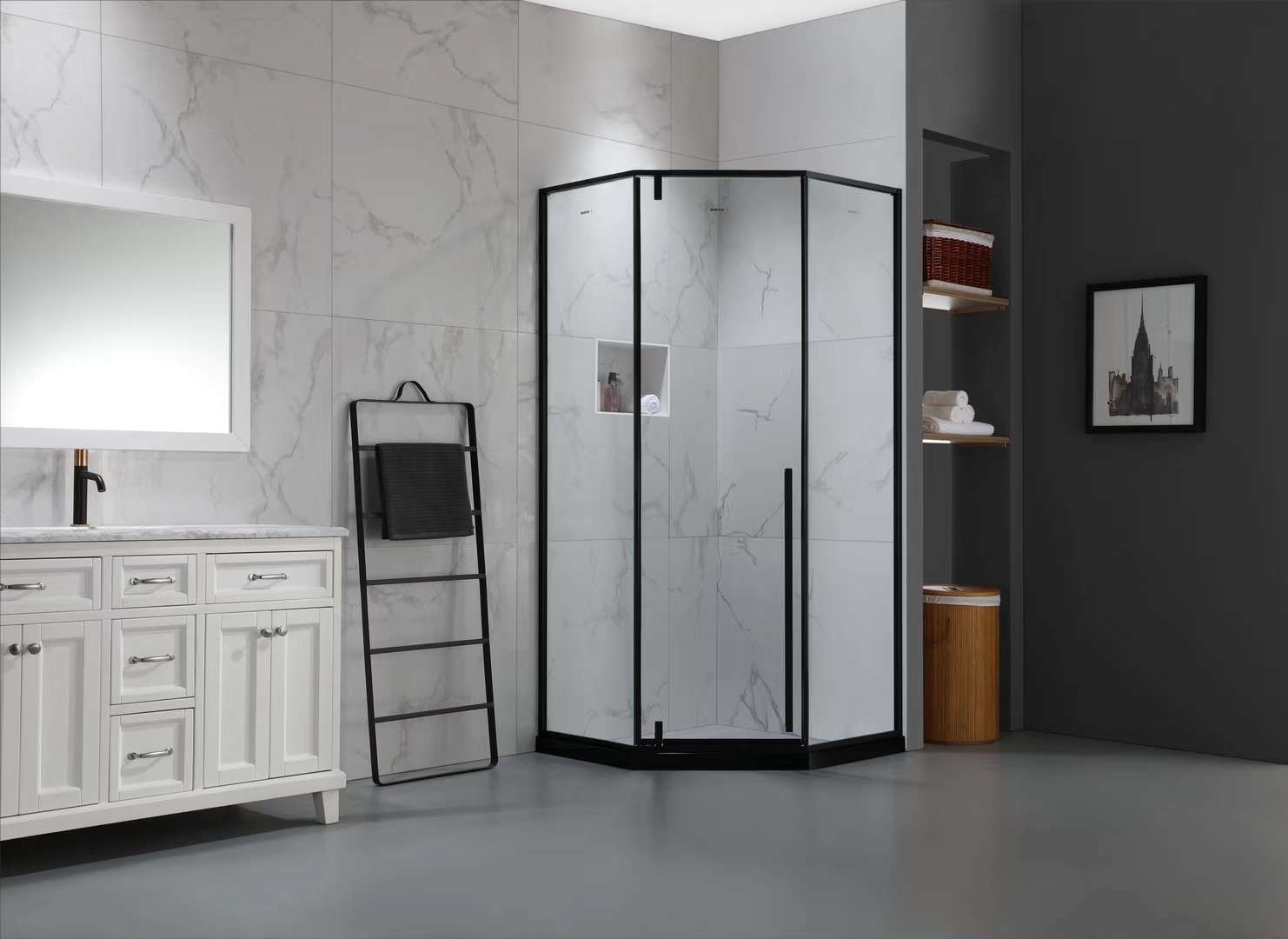 The Bette Super White Crystal Glass Shower Enclosure 13 series in elegant black style features an integrated design detail image 3