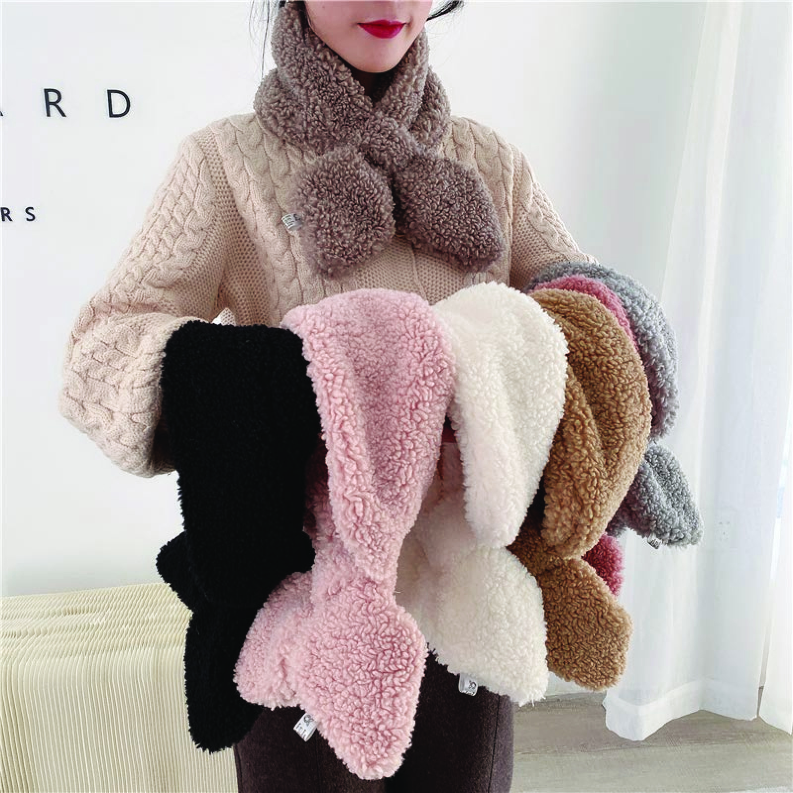 Bib Female Autumn And Winter Korean Version Of All Imitation Lamb Wool Scarf Double-Sided Plush Bib Fur Collar Thickened Winter Neck Set Tide undefined