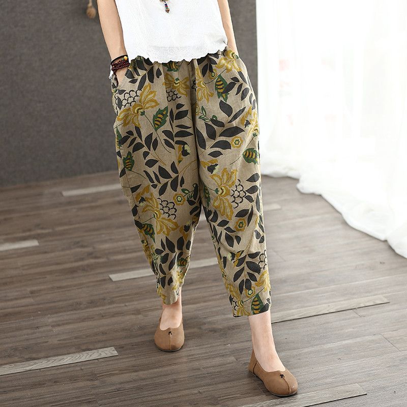 Spring/Summer 2020 Loose printed vintage linen thin women's cotton and linen nine-inch pants Specification image