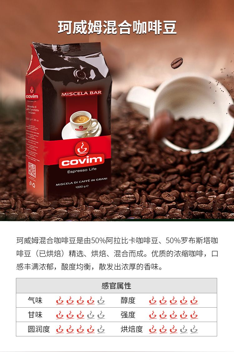 Covim珂威姆 意大利原装进口玉种咖啡豆 中度烘焙 可磨咖啡粉 1kg详情图6