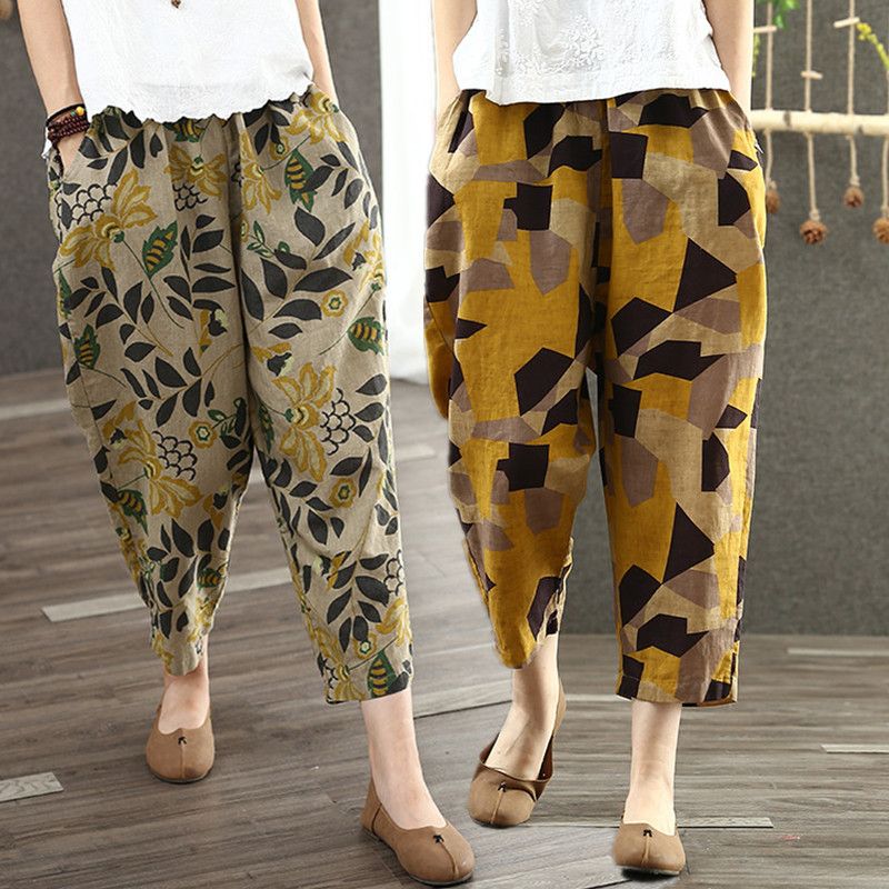 Spring/Summer 2020 Loose printed vintage linen thin women's cotton and linen nine-inch pants