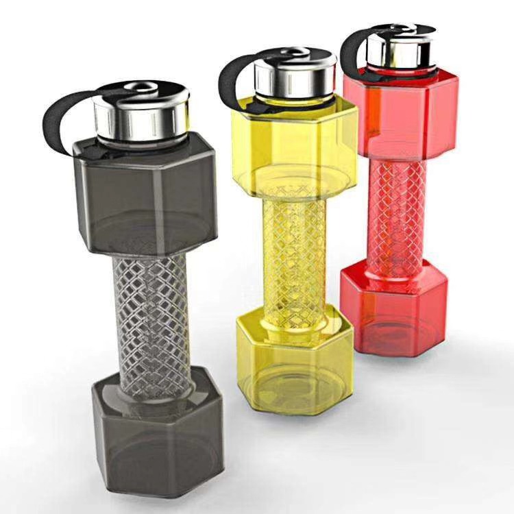 Plastic cup New dumbbell plastic water cup 600mL stainless steel cover with lifting rope hexagonal cylindrical shape thumbnail