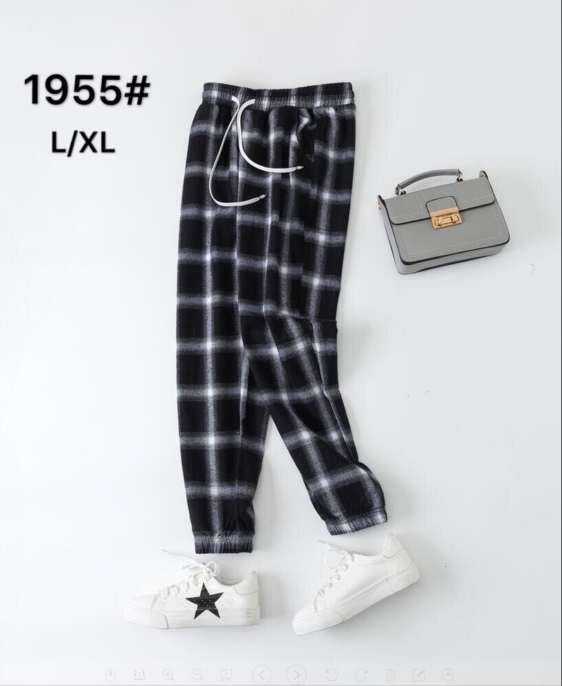 2020 Spring and Autumn Edition Korean casual loose tie leg lantern checked trousers black 1955 thumbnail