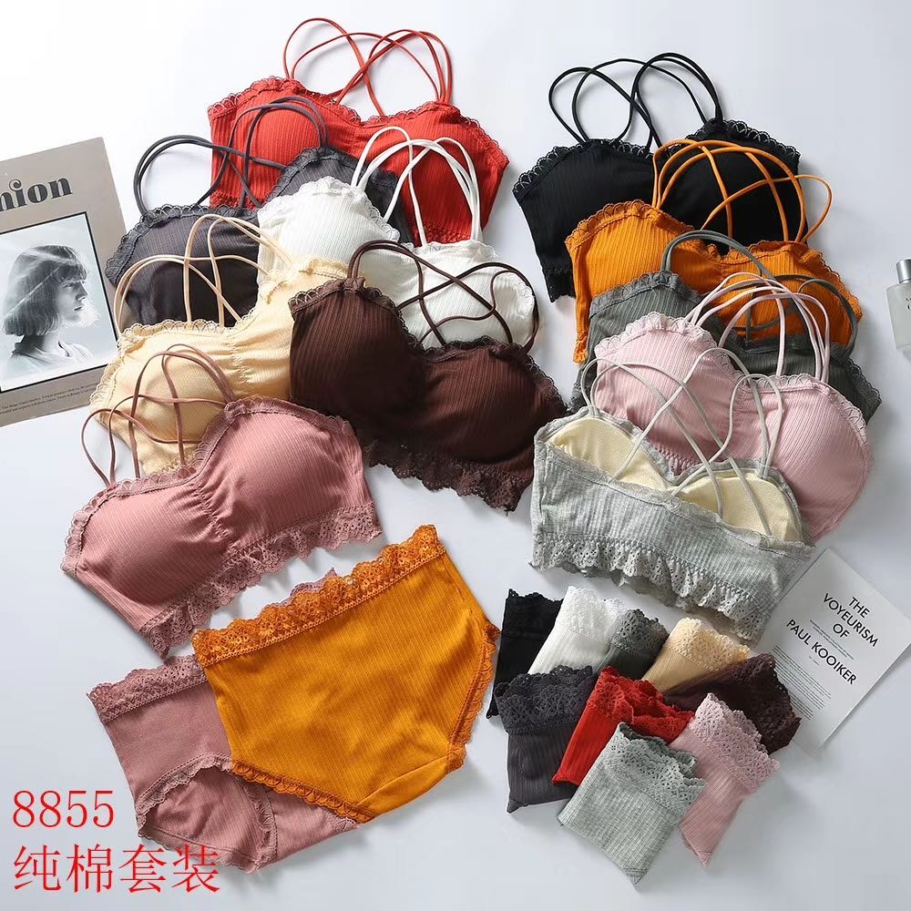 Pure cotton lace with inner silk protein soft chest pad, beautiful back vest bra + pure cotton shorts detail image 1