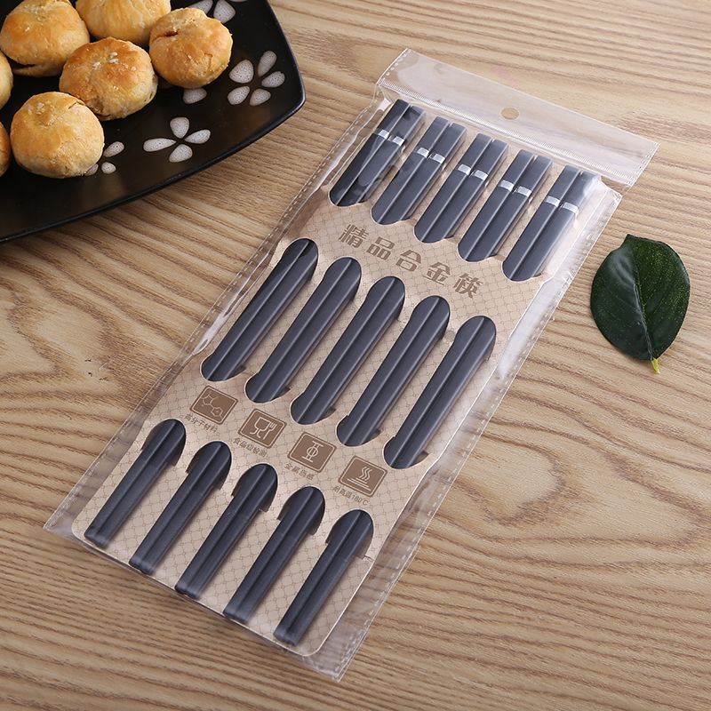 5双袋装金银指环合金筷 24cm黑色磨砂防滑成人筷子酒店餐具批发详情图2