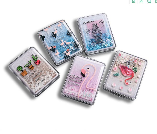 便携随身化妆镜迷你创意流沙梳妆镜子女可爱翻盖式双面折叠小圆镜