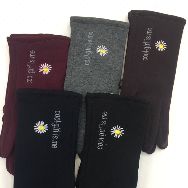 The 2020 new style of women's gloves, Daisy embroidery, all-cotton, non-falling pile, single-layer thin pile touch screen, elastic finger-separated cycling gloves details Picture