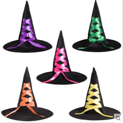 Halloween Black Flocking Cross Ribbon Witch Hat