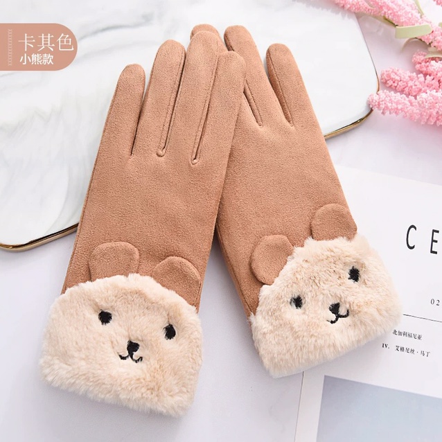 Suede fleece gloves, winter women's fleece thickened warm outdoor cycling gloves, Korean version cute student touch screen gloves