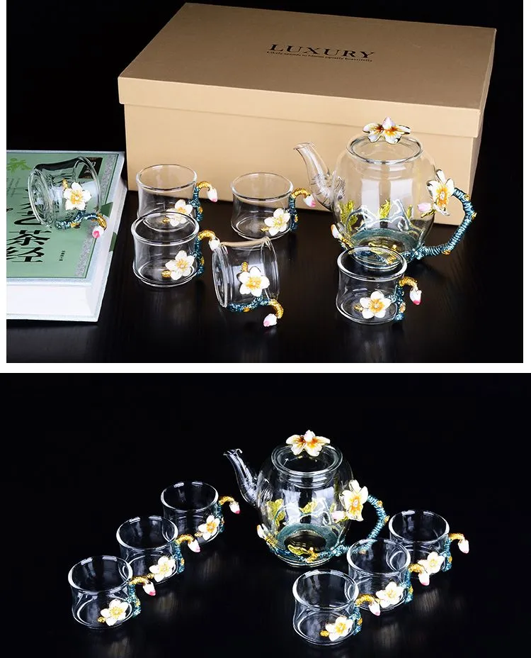 Creative hand-painted enamel kung fu teapot, household simple heat-resistant glass tea set, high-end flower tea kettle wholesale price detail image 14