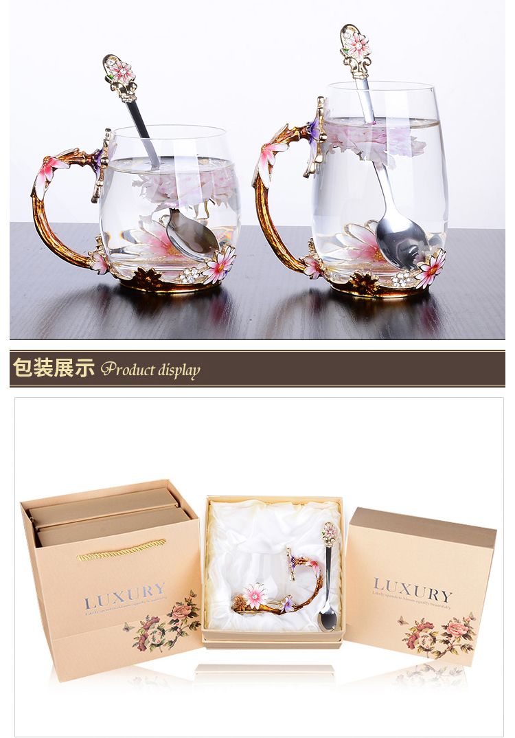 Creative enamel color water cup and kettle set, high-end household glass cup, girlish cup, with spoon and lid, large tea cup detail image 11