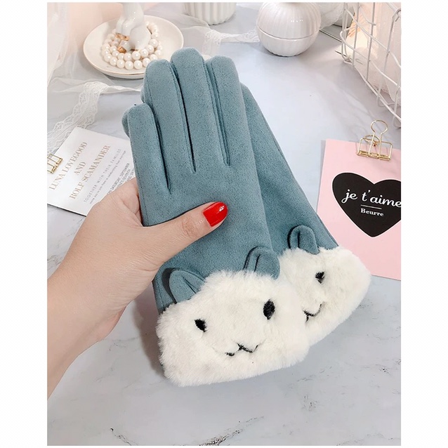Suede fleece gloves, winter women's fleece thickened warm outdoor cycling gloves, Korean version cute student touch screen gloves Item Picture