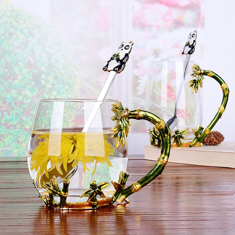 创意珐琅彩耐热玻璃杯男创意高档咖啡杯竹子茶杯生日礼物一件代发