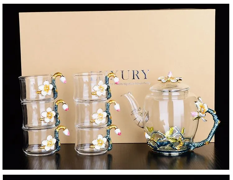 Creative hand-painted enamel kung fu teapot, household simple heat-resistant glass tea set, high-end flower tea kettle wholesale price detail image 13