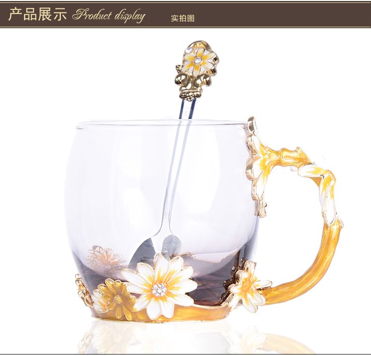 Factory direct sales creative enamel color water cups, heat-resistant glass flower tea cups, European-style juice cups, artistic couple cups detail image 4