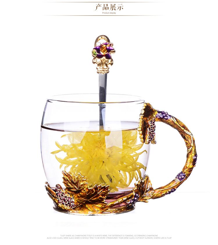 轻奢珐琅彩水杯欧式水晶玻璃杯花茶杯带盖勺礼盒装杯子家用茶具详情图7