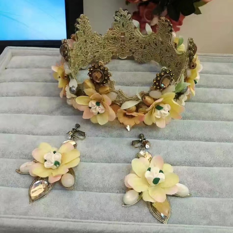 Jialan Accessories Heavy Industry Baroque Flower Crown Belt Earrings