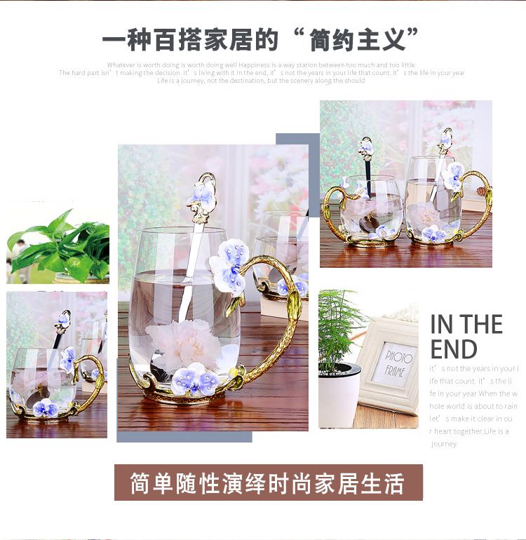 Creative enamel color water cup and kettle set, high-end household glass cups, girlish cups with spoons and LIDS detail image 5