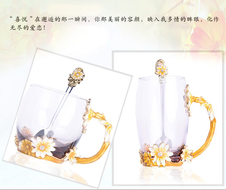 Factory direct sales creative enamel color water cups, heat-resistant glass flower tea cups, European-style juice cups, artistic couple cups detail image 12