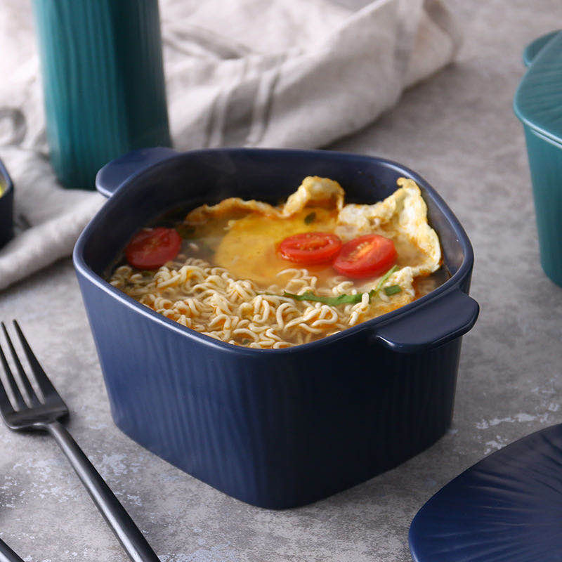 8-inch Nordic-style modern and fashionable matte double-ear instant noodle bowl, salad bowl, creative rice bowl with covered bowl detail image 3