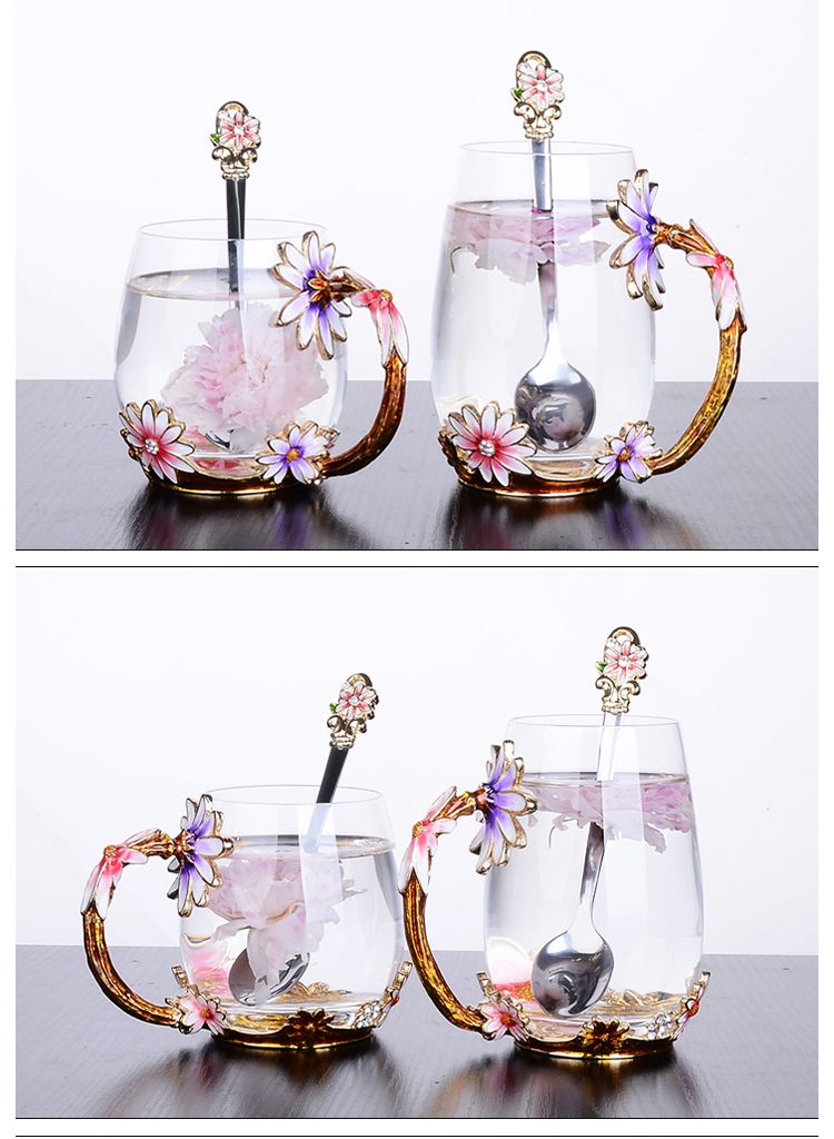 Creative enamel color water cup and kettle set, high-end household glass cup, girlish cup, with spoon and lid, large tea cup detail image 10