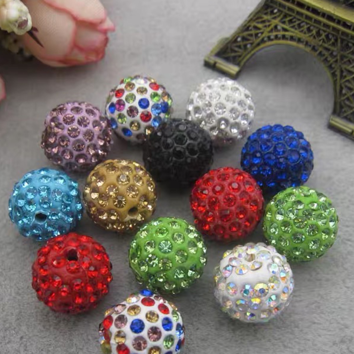 DIY手链串珠配件手机链隔彩钻珠毛衣链材料软陶钻球双孔珠子14mm