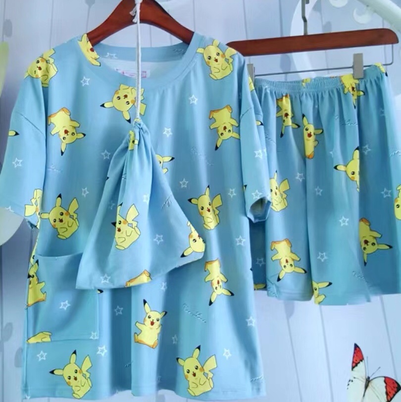 Korean-style cloth bag milk silk short-sleeved shirt and shorts pajamas for women's casual loose, thin, sweet and cute student home wear set details Picture