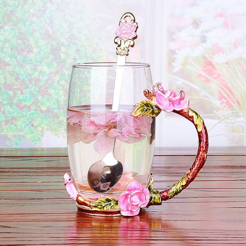 创意珐琅彩水杯花茶杯子水晶玻璃杯果汁杯家用无铅耐热对杯牛奶杯