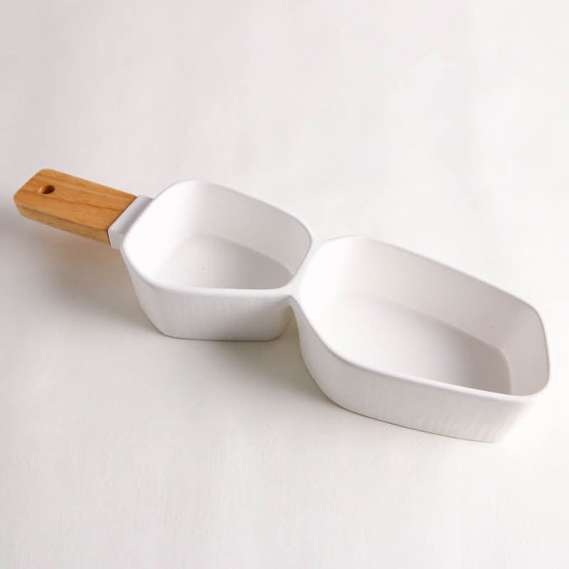 Nordic style modern and fashionable matte frosted ceramic two-compartment pastry, dried fruit, fruit wood handle bowl details Picture