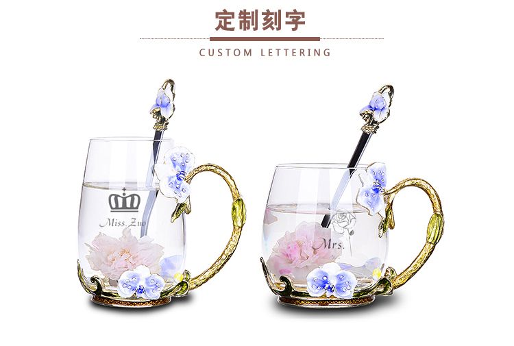 Creative enamel color water cup and kettle set, high-end household glass cups, girlish cups with spoons and LIDS detail image 1