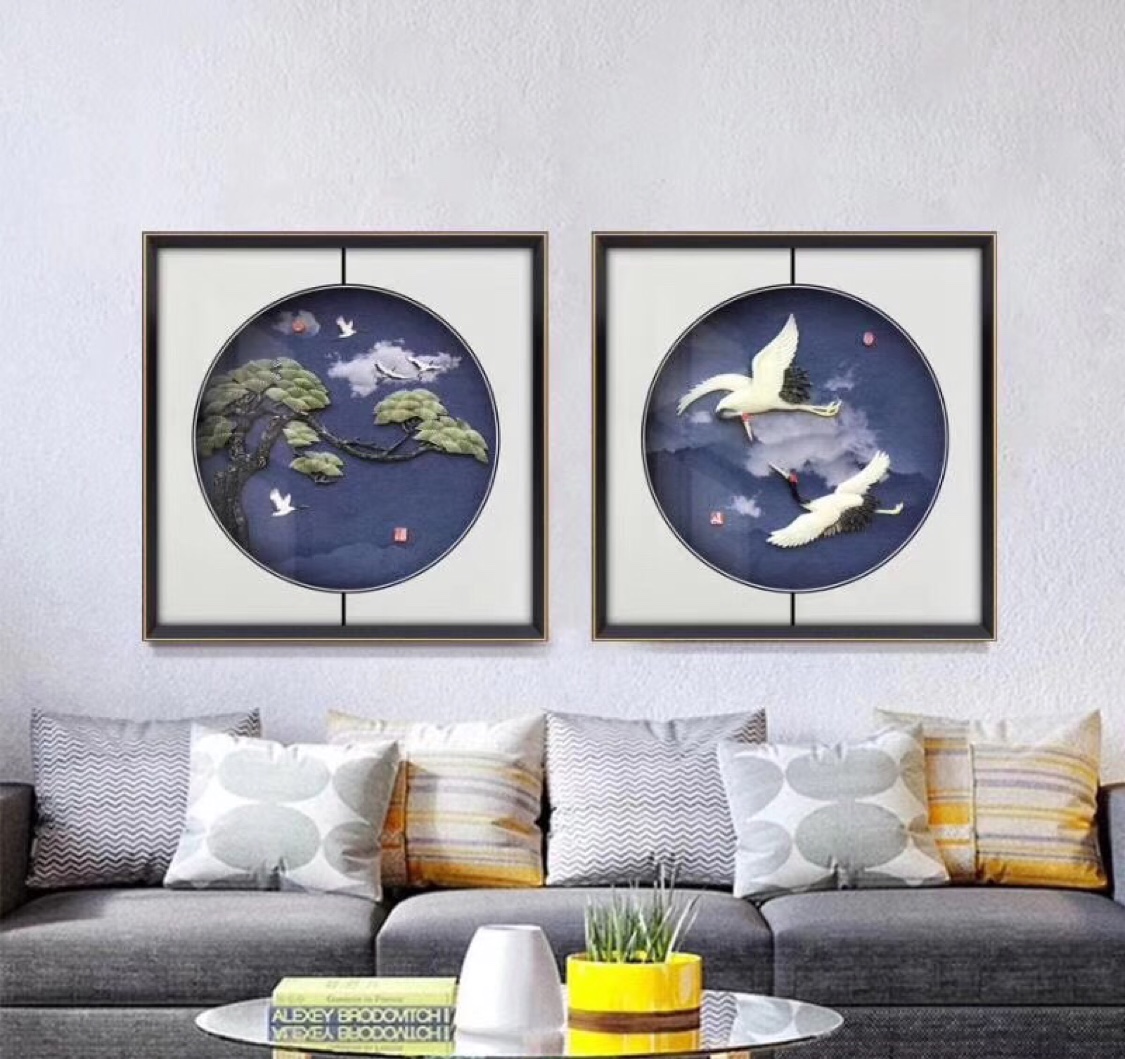 手工玉雕画三联画沙发背景画客厅装饰画