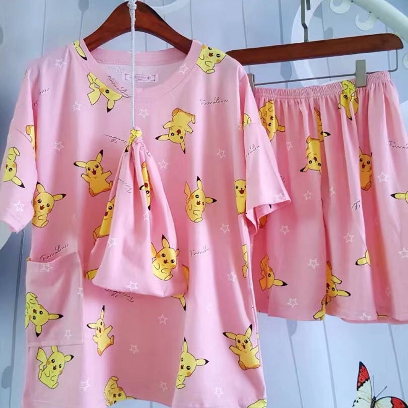Korean-style cloth bag milk silk short-sleeved shirt and shorts pajamas for women's casual loose, thin, sweet and cute student home wear set Specification image