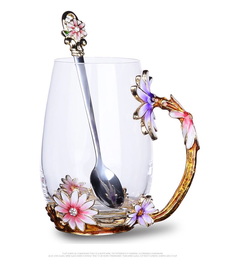 Creative enamel color water cup and kettle set, high-end household glass cup, girlish cup, with spoon and lid, large tea cup detail image 6