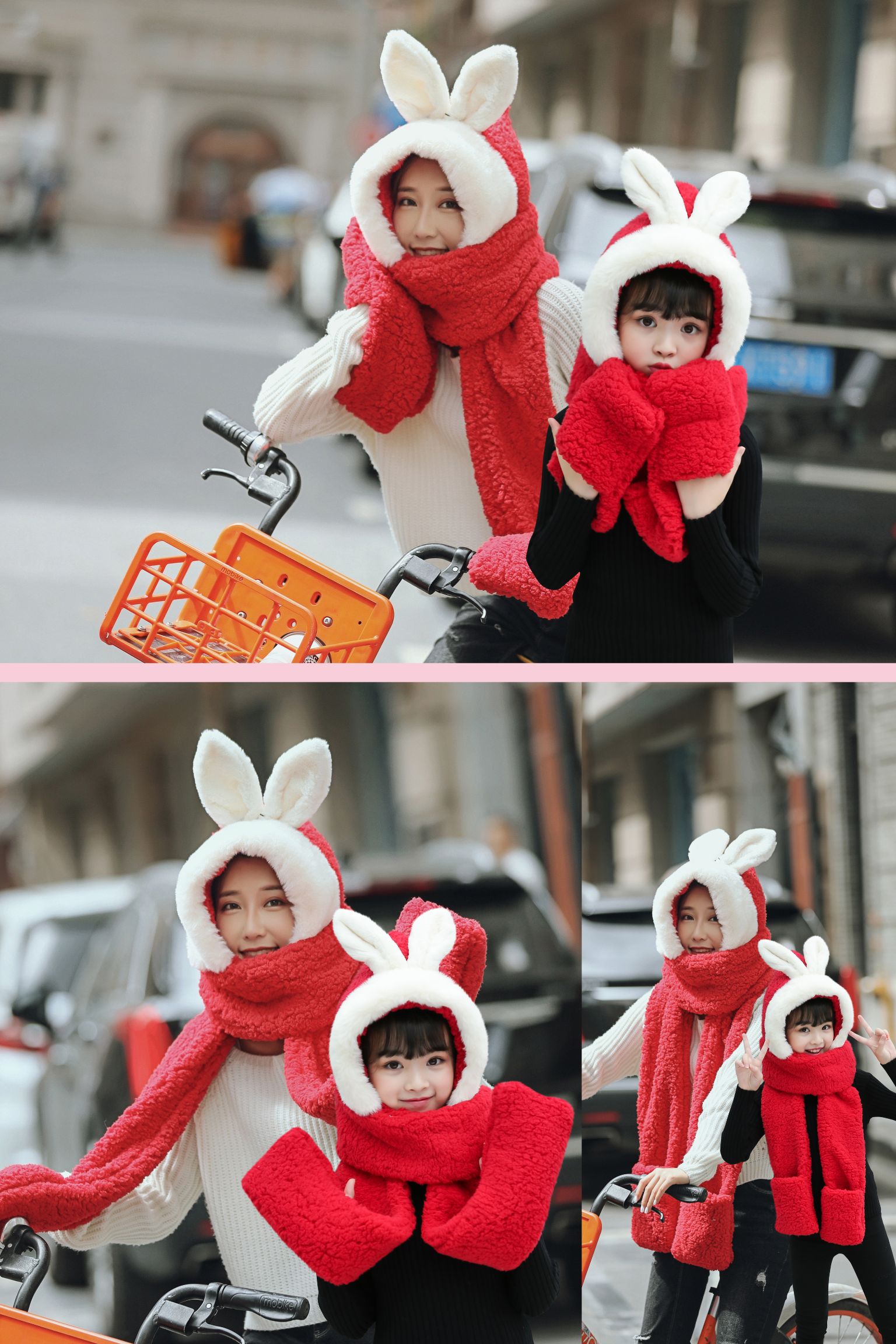 A plush hat, scarf and gloves one-piece set for girls in winter, with thick and warm cat ears, cycling scarf and cap detail image 16