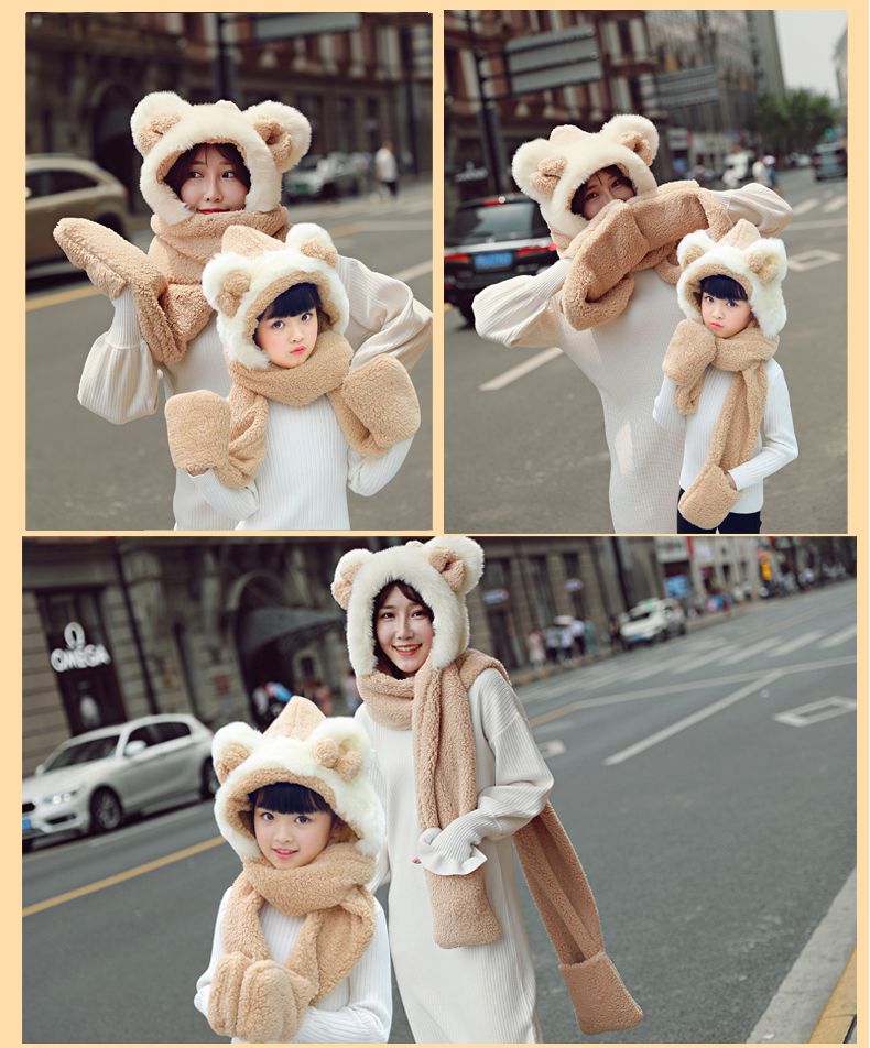 Autumn And Winter Parent-Child Hat Scarf Gloves One Thick Warm Wind And Cold Students Cute Bib Cap Three Sets undefined