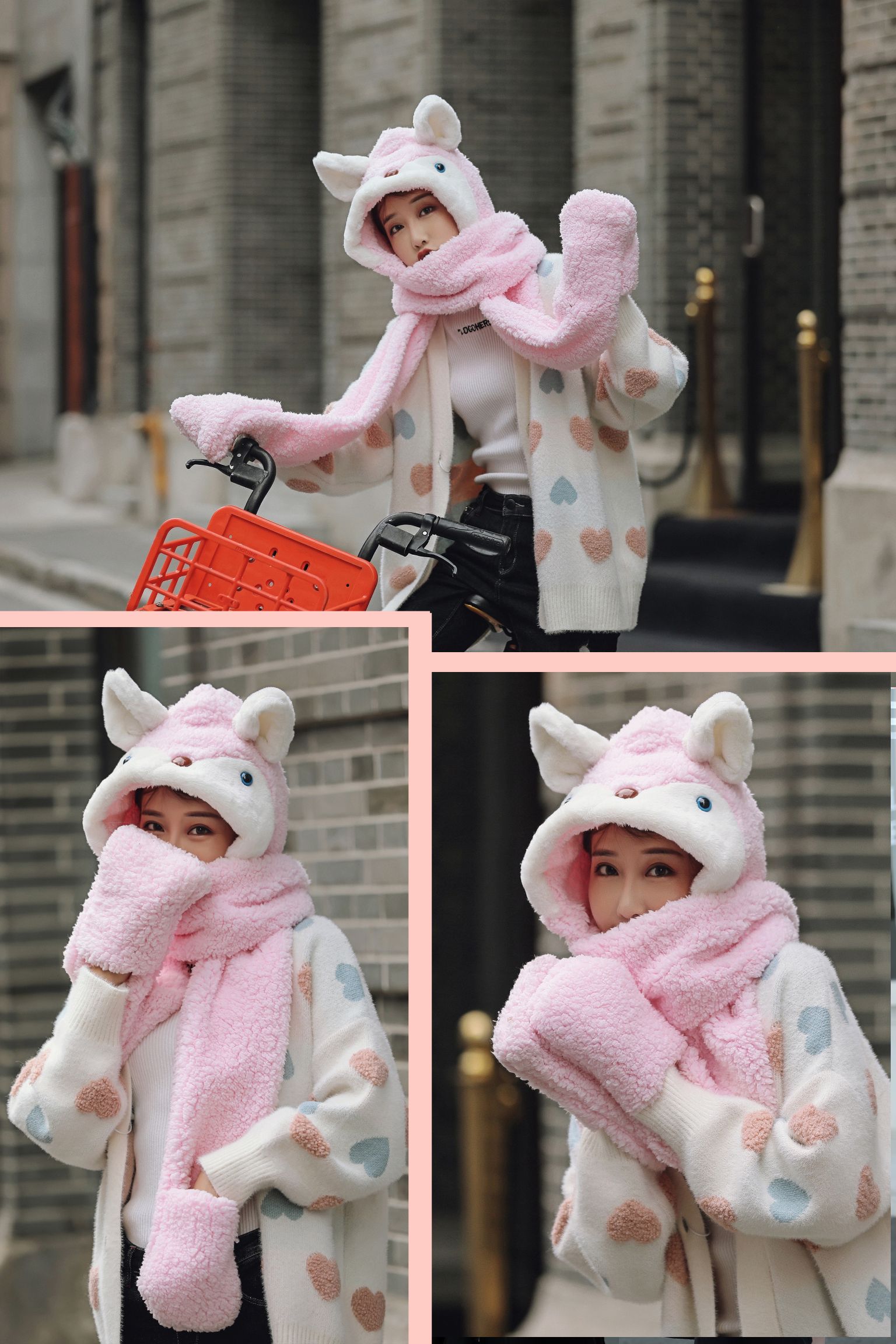 A thick and warm Korean version of a hooded scarf for girls in winter, a cute and versatile three-piece set of hat, scarf and gloves detail image 14