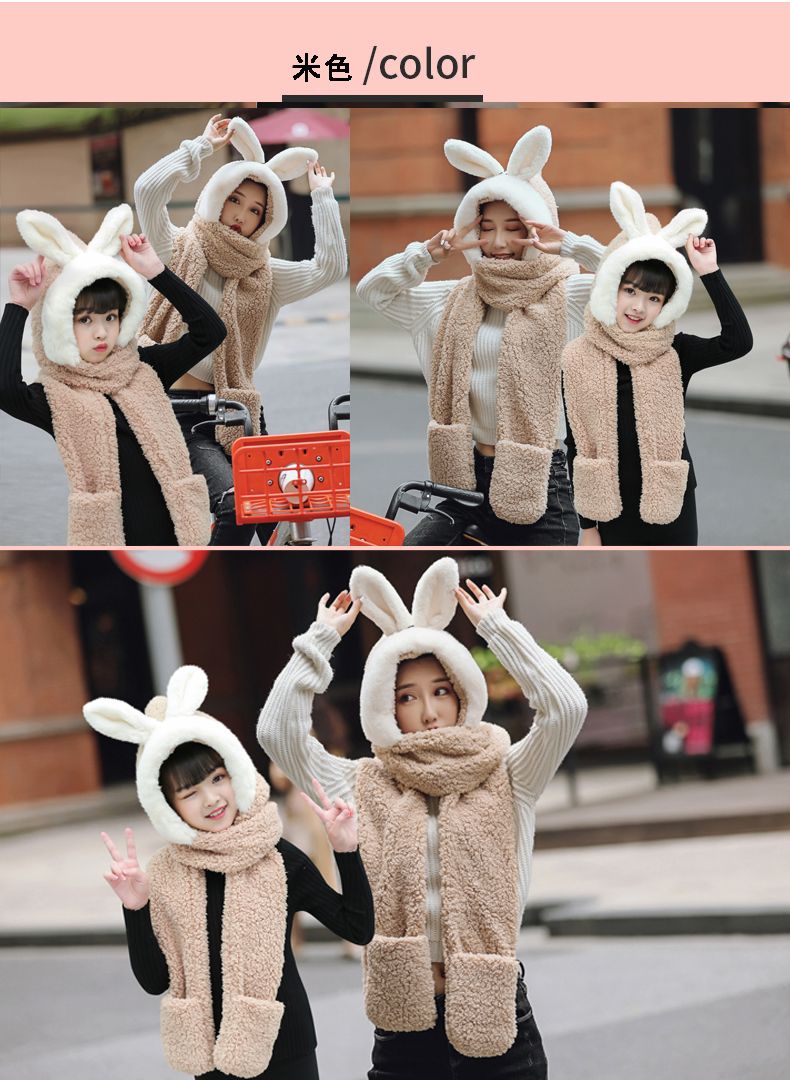 A plush hat, scarf and gloves one-piece set for girls in winter, with thick and warm cat ears, cycling scarf and cap detail image 6