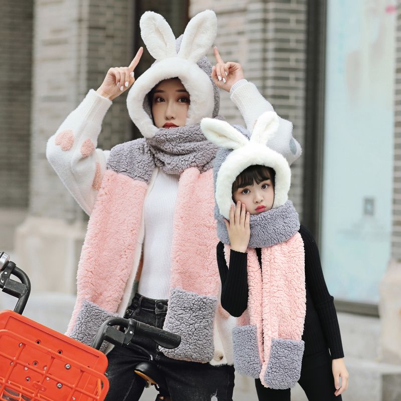 Hat Women's Autumn And Winter Scarf Gloves One Three-Piece Set Students Warm Thick One-Piece Hat Children's Bib Hat Family
