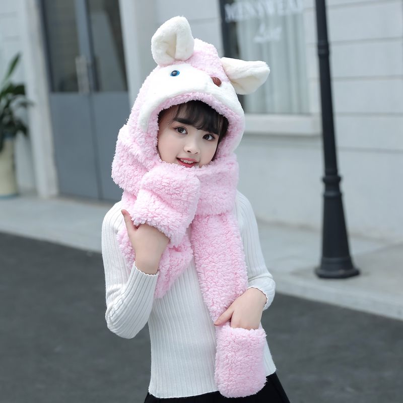 儿童帽子围巾一体2020年冬季戴帽子的围巾可爱带围巾和手套小女孩