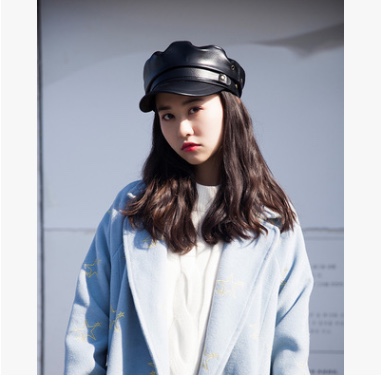 帽子男女平顶帽小香风网红皮帽鸭舌帽皮质英伦黑色八角帽潮海军帽