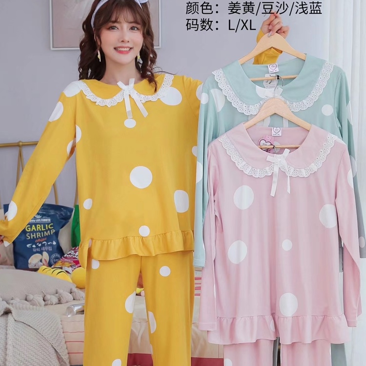 2020爆款秋季新款韩版时尚睡衣潮流女装宽松圆领长袖套头卡通动物大圆点睡衣套装