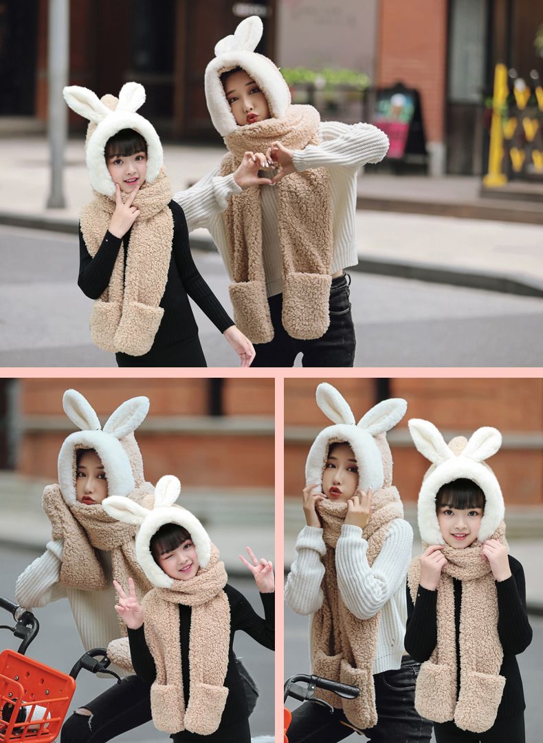 A plush hat, scarf and gloves one-piece set for girls in winter, with thick and warm cat ears, cycling scarf and cap detail image 9