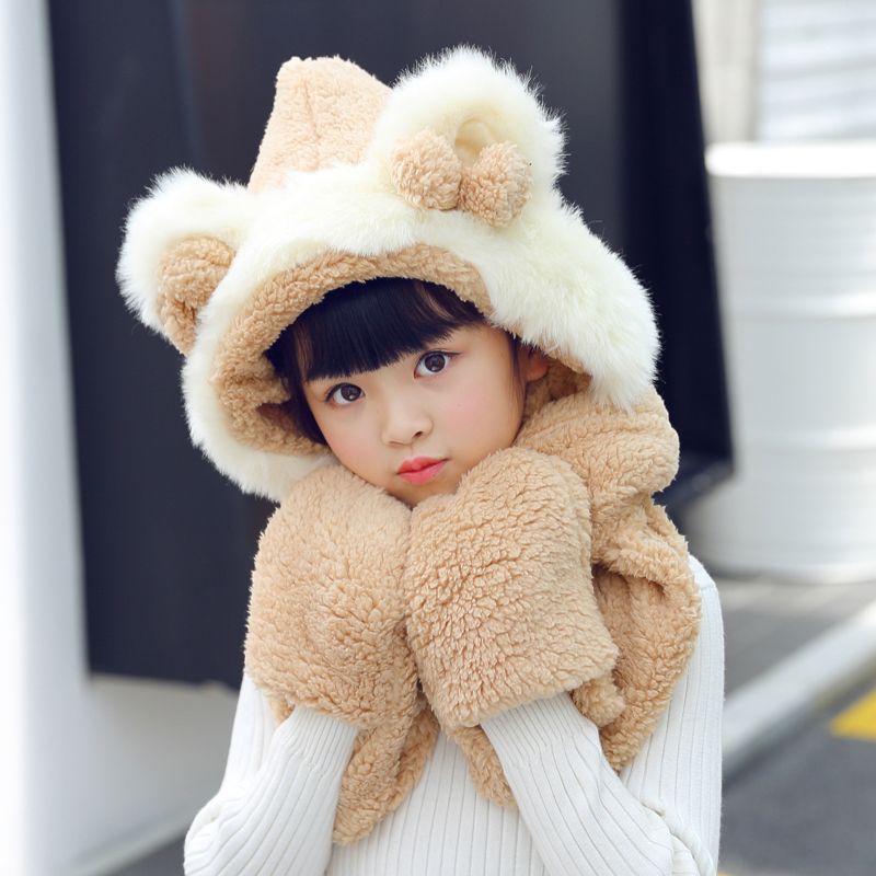 Bear Ears Hat Scarf One Practical Cute Plush Lamb Fur Bib Winter Schoolgirl Soft Sister Against The Cold Wind