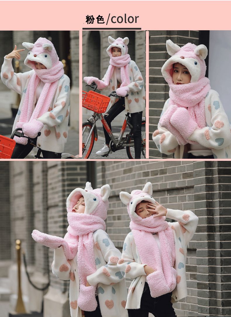 A thick and warm Korean version of a hooded scarf for girls in winter, a cute and versatile three-piece set of hat, scarf and gloves detail image 7