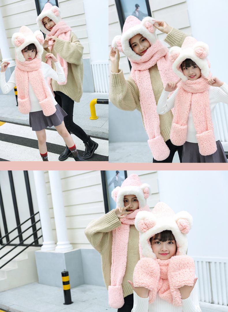 Autumn And Winter Parent-Child Hat Scarf Gloves One Thick Warm Wind And Cold Students Cute Bib Cap Three Sets undefined